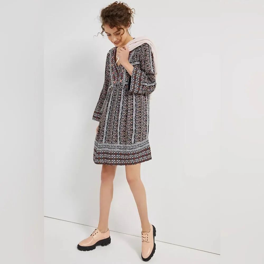 Anthropologie Maeve Black and White Floral Bohemian Long Sleeve Dress